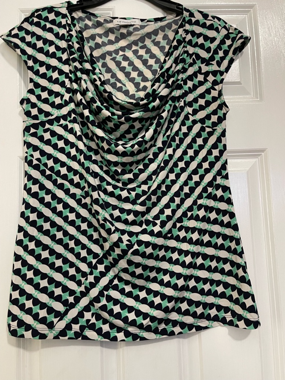 Liz Claiborne Black, White & Mint Geometric Blouse